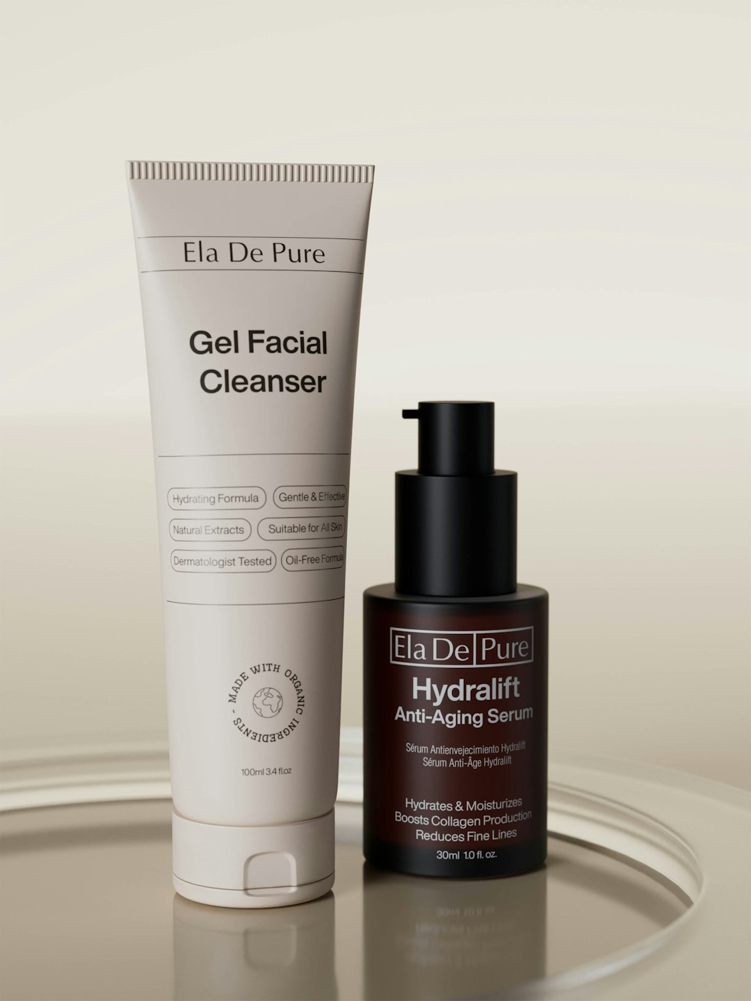 Minimalist skincare product shot featuring Ela De Pures Gel Facial Cleanser and Hydralift Anti-Aging Serum. A clean and elegant composition showcasing organic, dermatologist-tested beauty essentials.